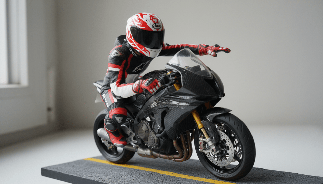 découvrez notre figurine de motard, parfaite pour immortaliser le pilote et son casque avec des détails réalistes et une touche de passion.