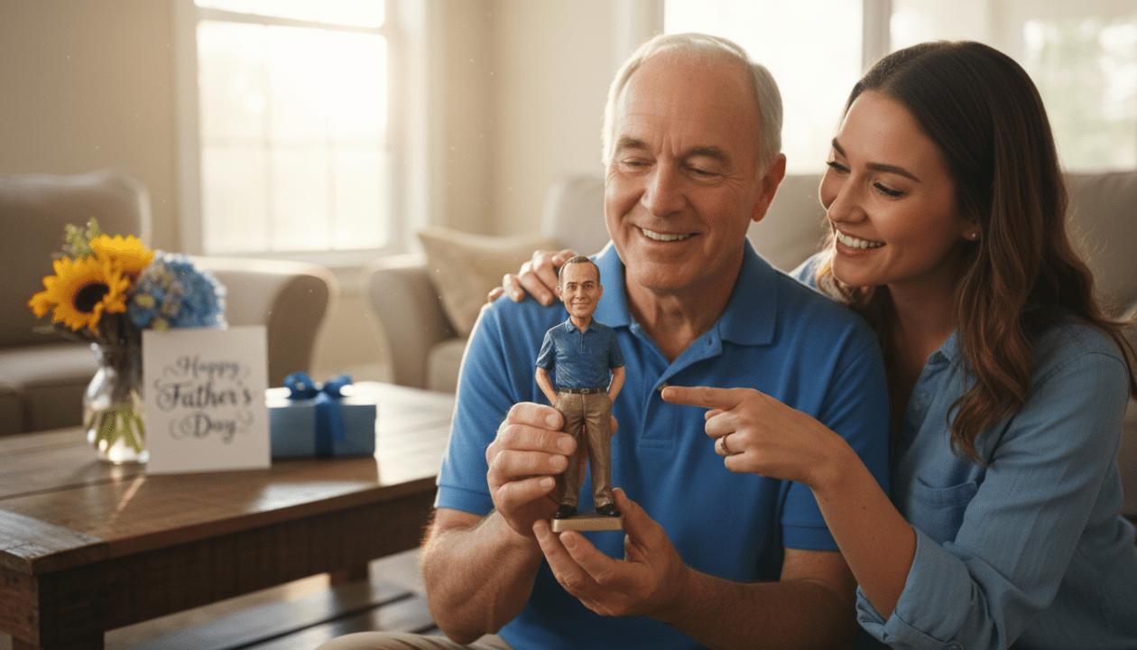 découvrez l'idée cadeau parfaite pour la fête des pères : une statuette personnalisée 'mini-moi' à offrir à votre papa pour immortaliser votre lien unique.