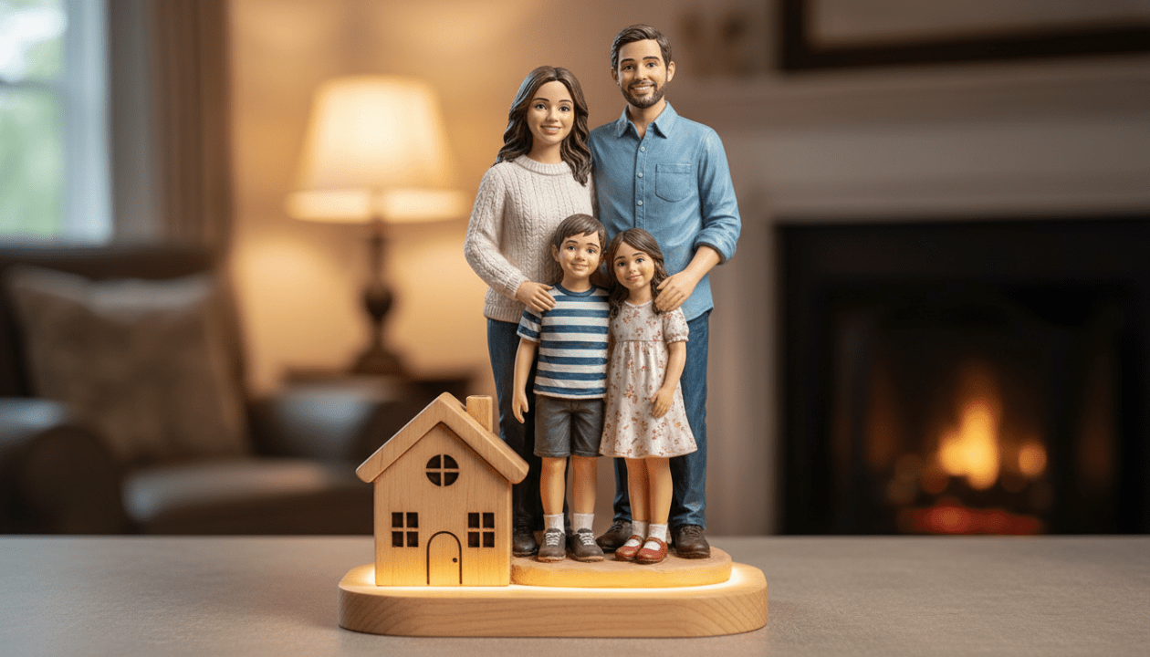 découvrez une idée cadeau crémaillère originale : une statuette personnalisée de la famille, parfaite pour célébrer l'emménagement dans une nouvelle maison.