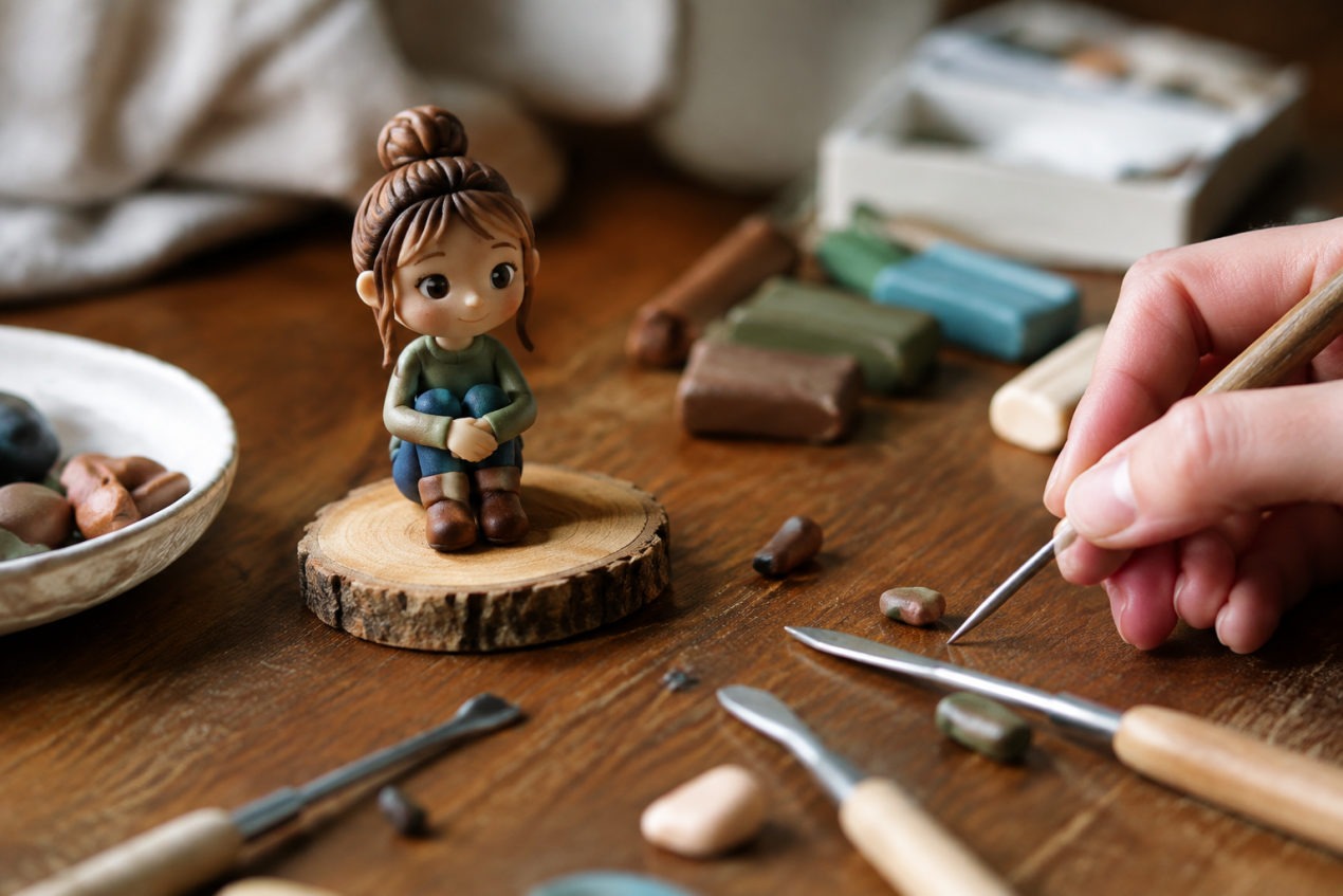 Sculpture détaillée d’un personnage pate fimo en cours de modelage
