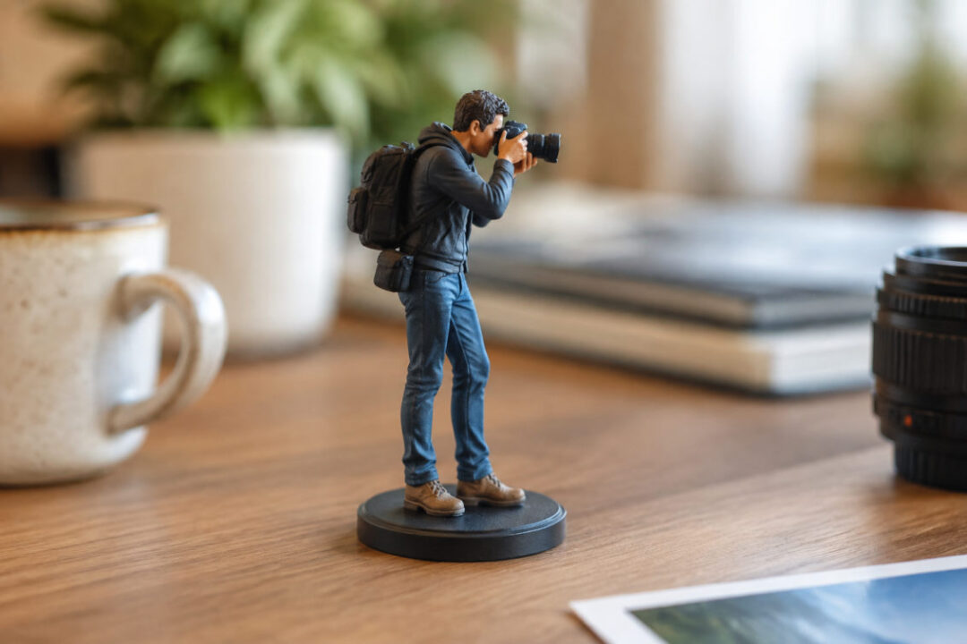 Idée cadeau photographe : figurine 3D personnalisée tenant son appareil photo