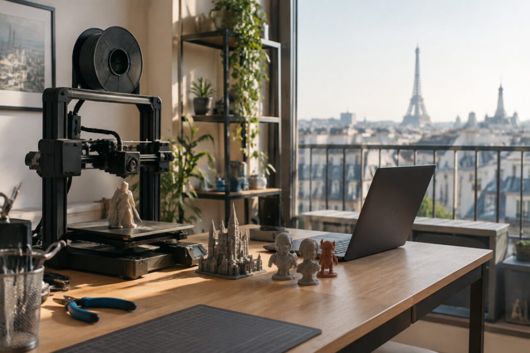 Figurine personnalisée devant une enseigne impression 3d paris dans un atelier