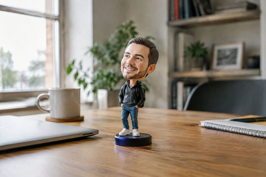 Figurine tête qui bouge personnalisée à l'effigie d'une personne souriante posée sur un bureau