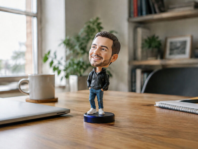 Figurine tête qui bouge personnalisée à l'effigie d'une personne souriante posée sur un bureau