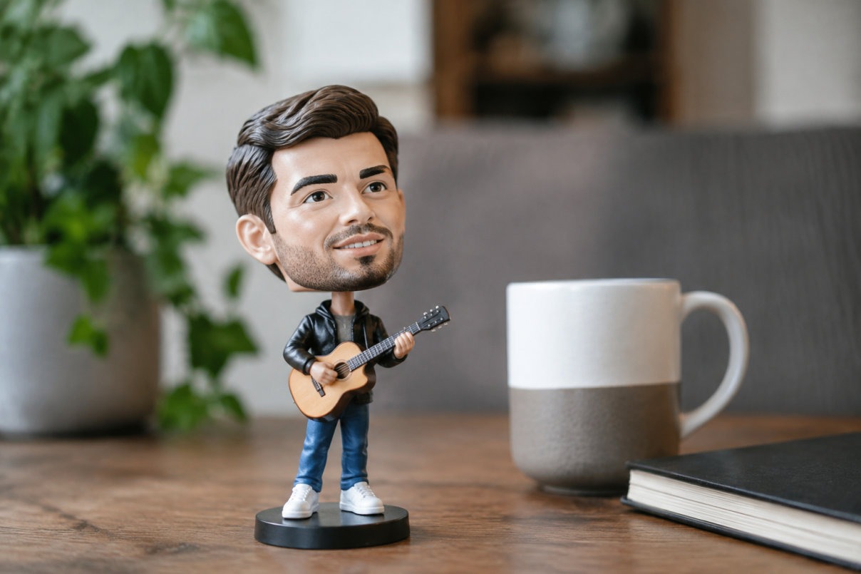 Figurine grosse tête personnalisée en vinyle style Pop avec tête qui bouge sur bureau