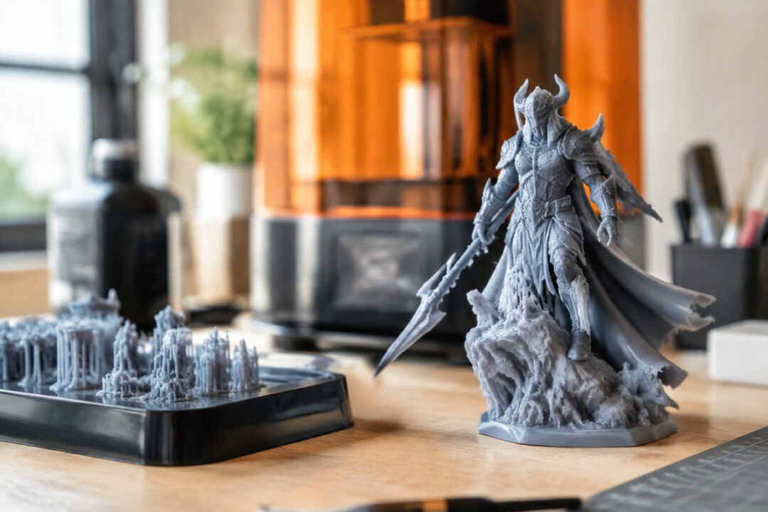 Figurine aux détails fins obtenue par impression 3D résine sur plateau d'imprimante